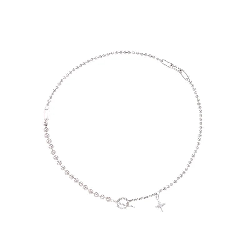 Sterling Silver Star OT Buckle Necklace Round Bead Clavicle Chain Jewelry