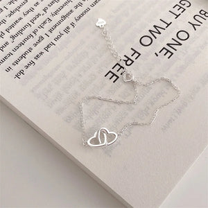 Sterling Silver Hollow Love Bracelet Heart Interlocking Sweet Jewelry
