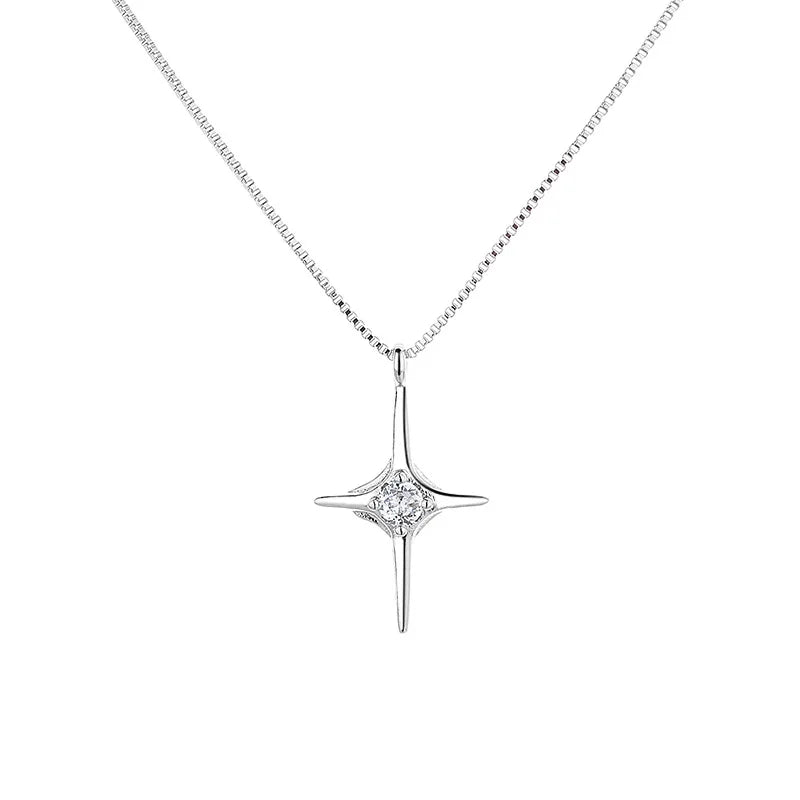 Sterling Silver Cross Diamond Star Necklace