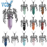 Rose Quartz Hexagonal Pendant Dragon Man Necklace Vintage Jewelry