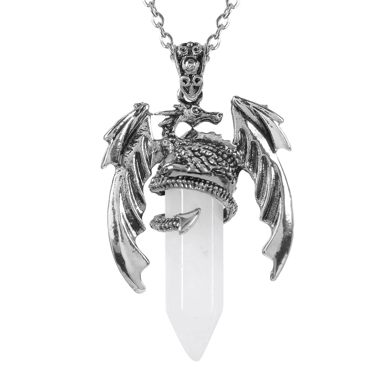 Rose Quartz Hexagonal Pendant Dragon Man Necklace Vintage Jewelry