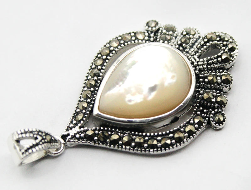 Vintage Natural Sea Shell 925 Silver Drop Pendant