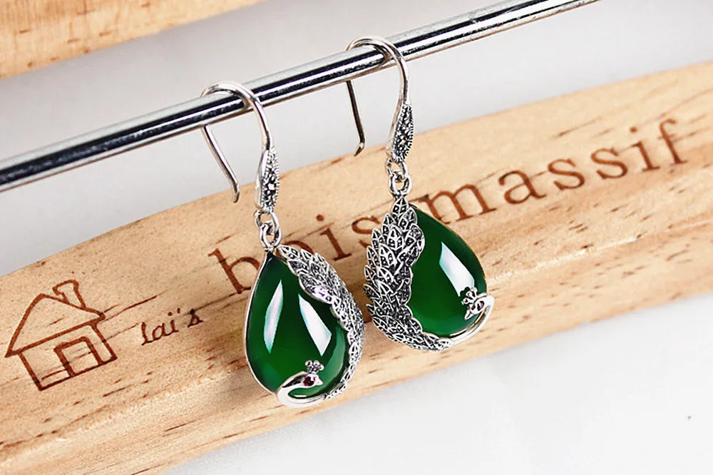 Vintage Peacock Carving Green Jade Emerald Gemstones Drop Earrings