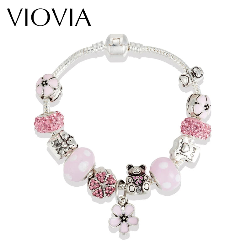 Christmas Flower Charm Bracelet Lovely Bear Bead Women Bracelet Jewelry B16178