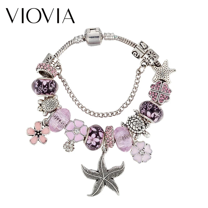 Pink Starfish Charm Bracelet for Women Flower Pendant Bracelet