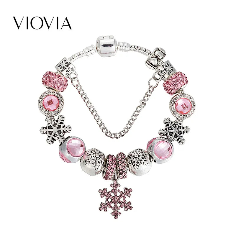 Snowflake Pink Rhinestone Bracelet for Womens Christmas Jewelry