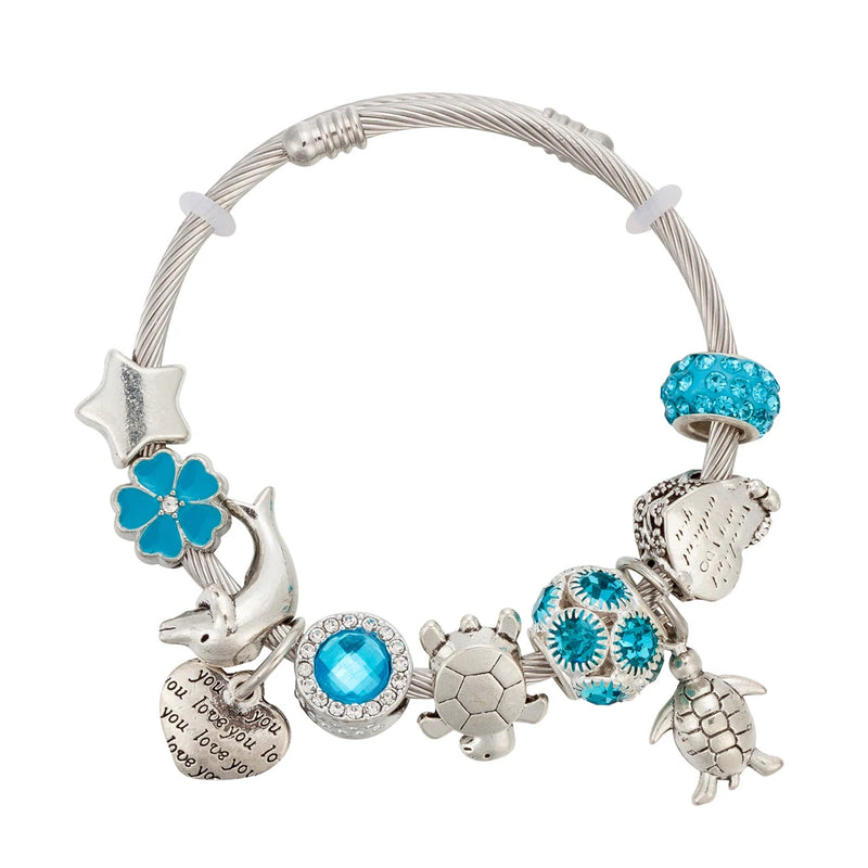 Sea Animal Turtle Stainless Steel Bangle Charm Bracelet DIY Beads Jewelry
