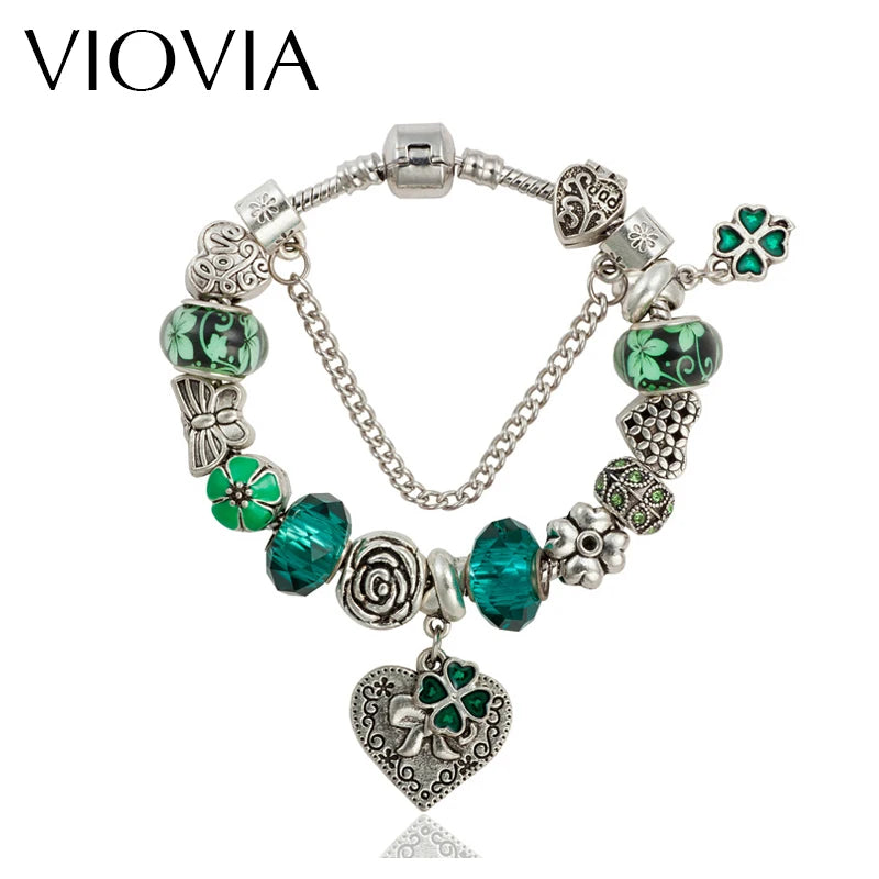 Green Flower Rhinestone Bracelet European Charms Jewelry for Women