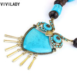 Owl Pendant Long Necklace Vintage Red Wood Beads Stone Bohemian Jewelry