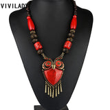 Owl Pendant Long Necklace Vintage Red Wood Beads Stone Bohemian Jewelry