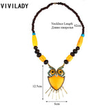 Owl Pendant Long Necklace Vintage Red Wood Beads Stone Bohemian Jewelry