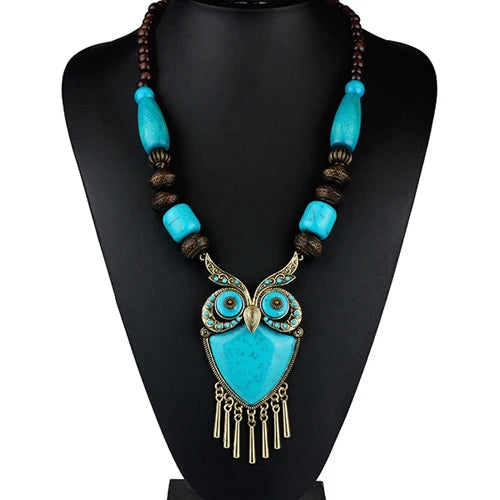 Owl Pendant Long Necklace Vintage Red Wood Beads Stone Bohemian Jewelry