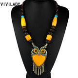 Owl Pendant Long Necklace Vintage Red Wood Beads Stone Bohemian Jewelry