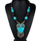 Owl Pendant Long Necklace Vintage Red Wood Beads Stone Bohemian Jewelry