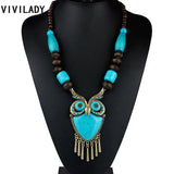 Owl Pendant Long Necklace Vintage Red Wood Beads Stone Bohemian Jewelry