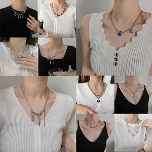 Punk Titanium Steel Zircon Pearl Cross Pendant Necklace Choker