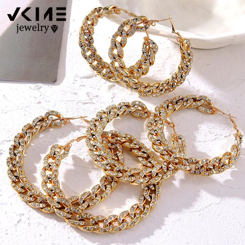 Crystal Chain Hoop Earrings Exaggerated Geometric Circle Silver Mixed