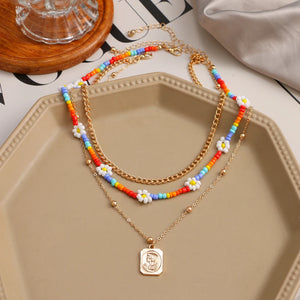Flowers Beaded Necklace Layered Pendant Bohemian Woman Jewelry