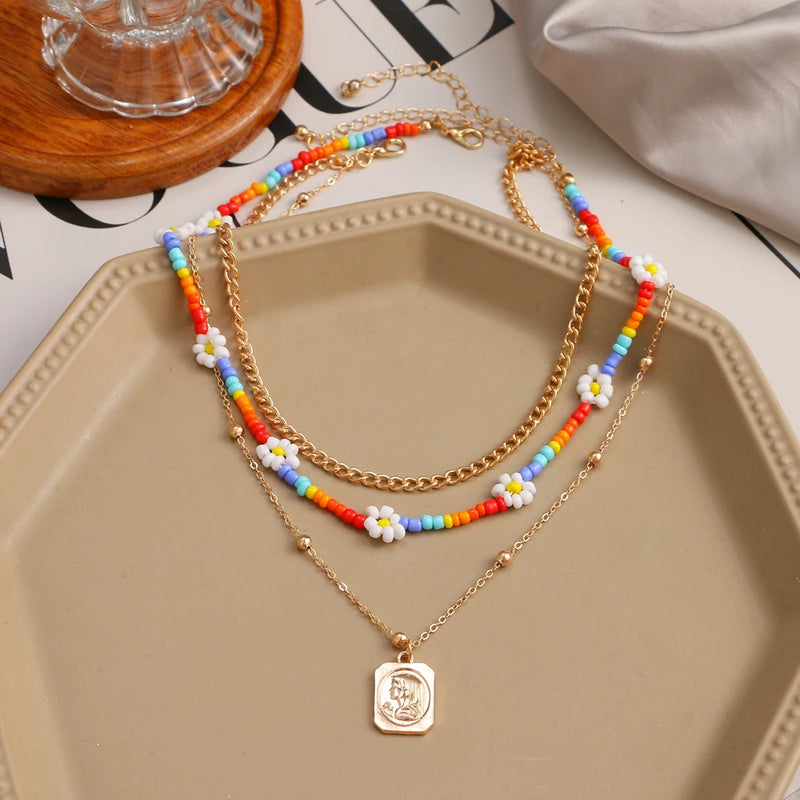 Flowers Beaded Necklace Layered Pendant Bohemian Woman Jewelry