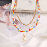 Flowers Beaded Necklace Layered Pendant Bohemian Woman Jewelry