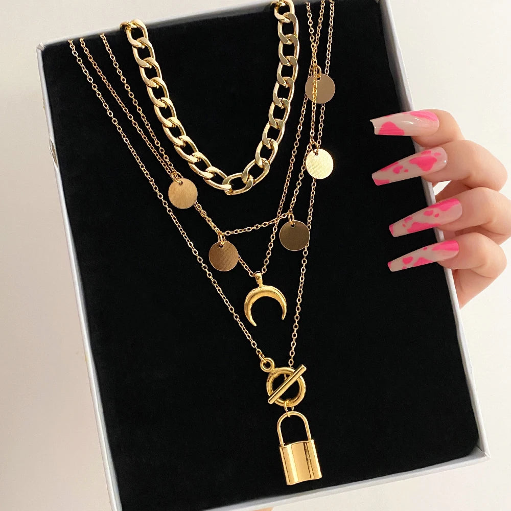 Lock Necklace for Women Bohemian Vintage Moon Necklaces for Women Jewelry