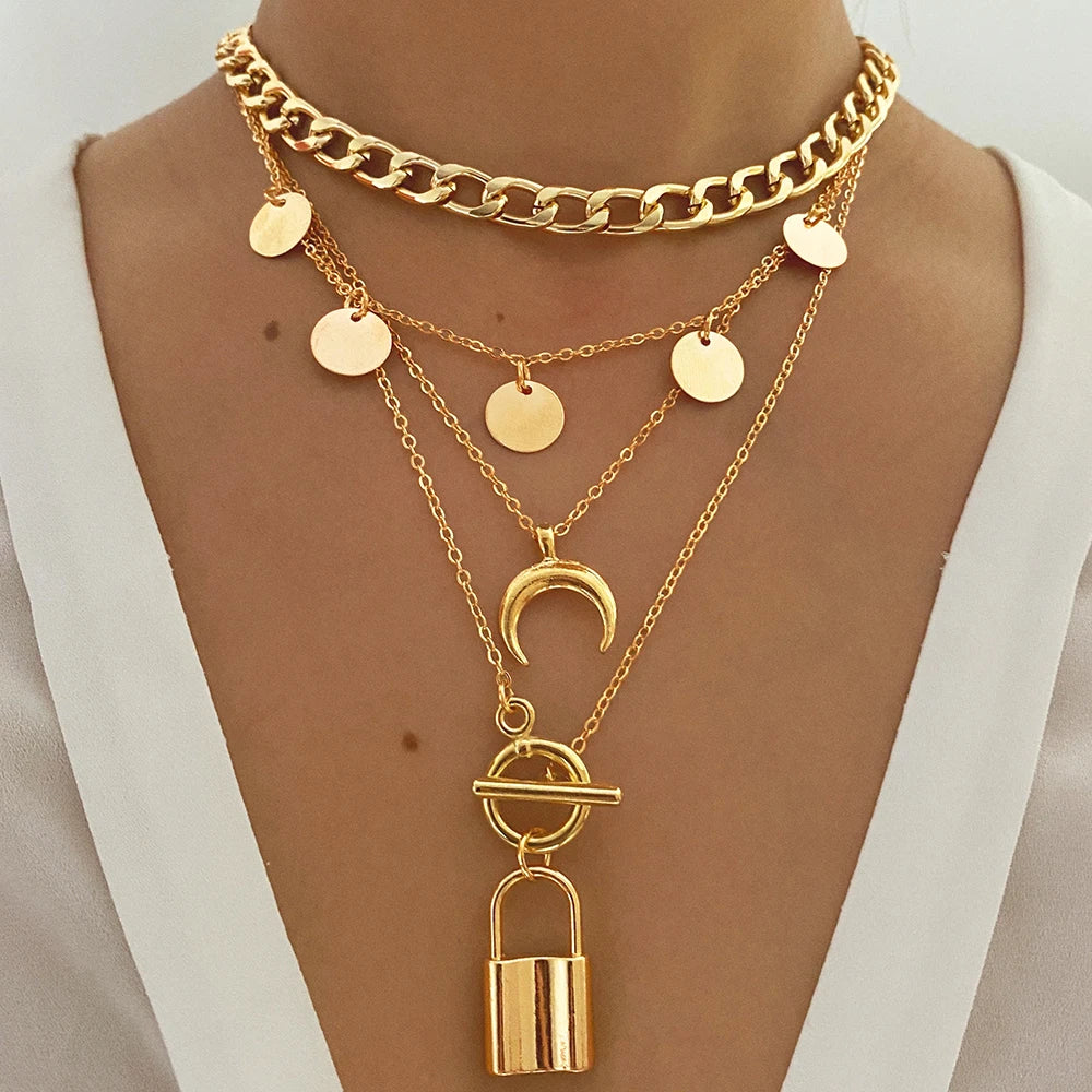 Lock Necklace for Women Bohemian Vintage Moon Necklaces for Women Jewelry