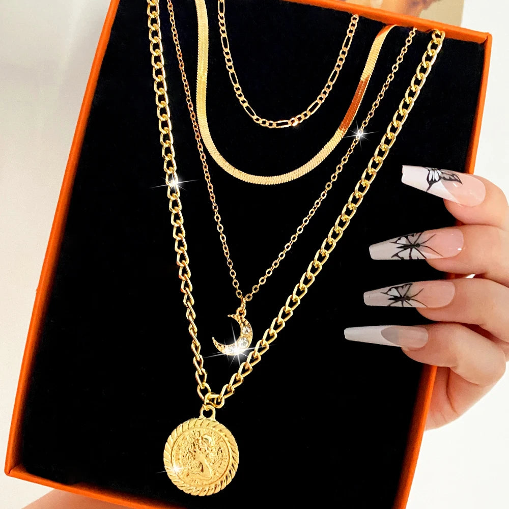 Goth Coin Portrait Moon Pendant Necklace Vintage Punk Jewelry