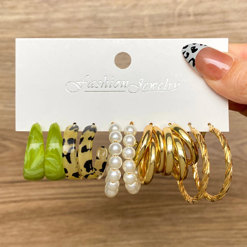 Leopard Pearl Hoop Earrings Set Acrylic Resin Brincos Jewelry
