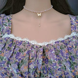 Silver Heart Necklace Pearl Choker Beaded Crystal Butterfly Jewelry