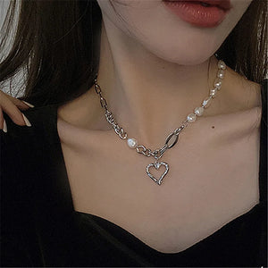Silver Heart Necklace Pearl Choker Beaded Crystal Butterfly Jewelry