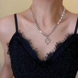 Silver Heart Necklace Pearl Choker Beaded Crystal Butterfly Jewelry