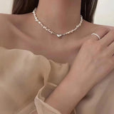 Silver Heart Necklace Pearl Choker Beaded Crystal Butterfly Jewelry