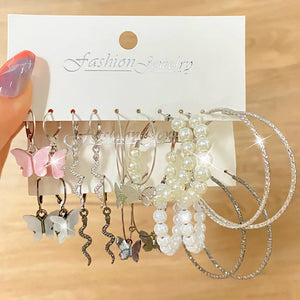 Silver Butterfly Pearl Hoop Earrings Set for Women Girls