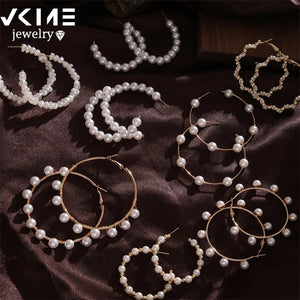Vintage Oversize Pearl Hoop Earrings for Women Girls Brinco