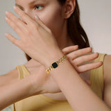 Women Cuban Chain Bracelet, Gold Metal with Square Stone