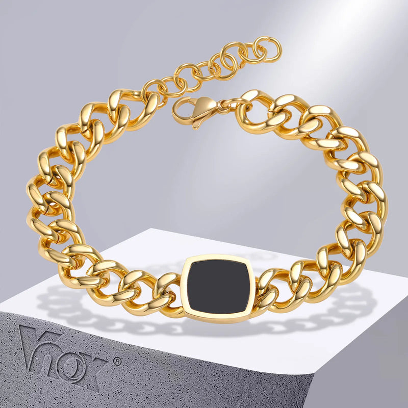 Women Cuban Chain Bracelet, Gold Metal with Square Stone