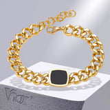 Women Cuban Chain Bracelet, Gold Metal with Square Stone