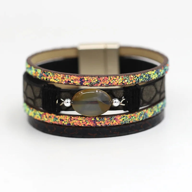 Women Stone Bracelet Sparkling Sequin Leather Bracelet