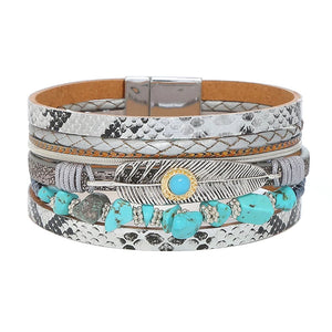 Vintage Alloy Feather Multilayer Leather Bracelet Boho Jewelry