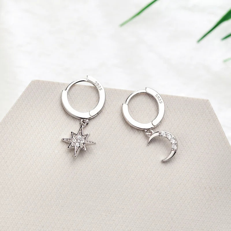 Zircon Moon Star Hoop Earrings Silver Ear Buckle Gift Jewelry