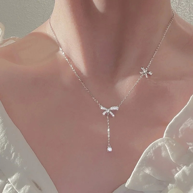 Silver Bow Collarbone Chain Necklace for Party High Jewelry Accessories
