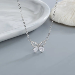 Silver Zircon Butterfly Pendant Necklace Women's Romantic Engagement Accessories