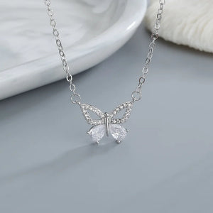 Silver Zircon Butterfly Pendant Necklace Women's Romantic Engagement Accessories