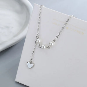 Silver Ladies Necklace Pearl Heart Necklace Bridal Jewelry