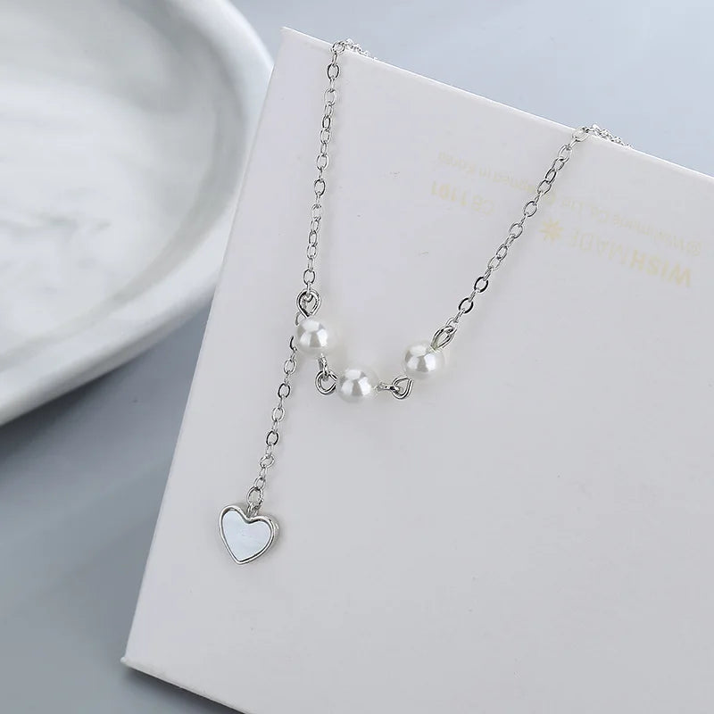 Silver Ladies Necklace Pearl Heart Necklace Bridal Jewelry