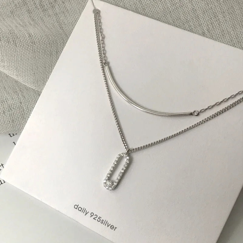 Silver Zircon Double Layer Necklace Pendant Chain Gift