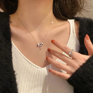 Silver Bow Necklace Ladies Checkerboard Bow Clavicle Chain Jewelry