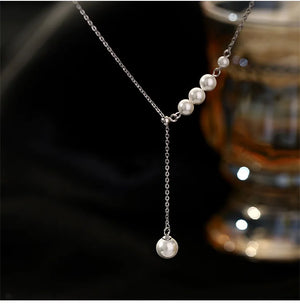 Silver Pearl Tassel Adjustable Necklace for Women French Light Clavicle Chain