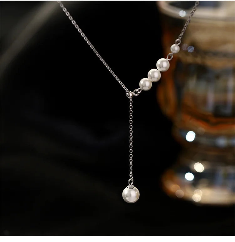 Silver Pearl Tassel Adjustable Necklace for Women French Light Clavicle Chain