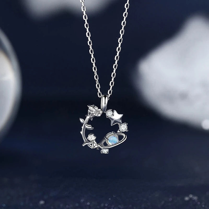 Silver Pendant Necklace Female Zircon Little Prince Rose Necklace